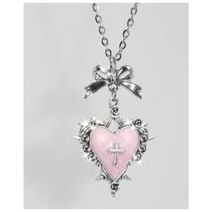 Pink enamel cross heart - Necklace - Silver - 20"